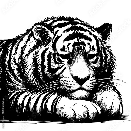 Tiger sadness line art drawing ink sketch xmas vector hand drawn illustration background