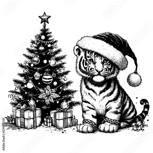 Tiger Chrismas line art drawing ink sketch xmas vector hand drawn illustration background