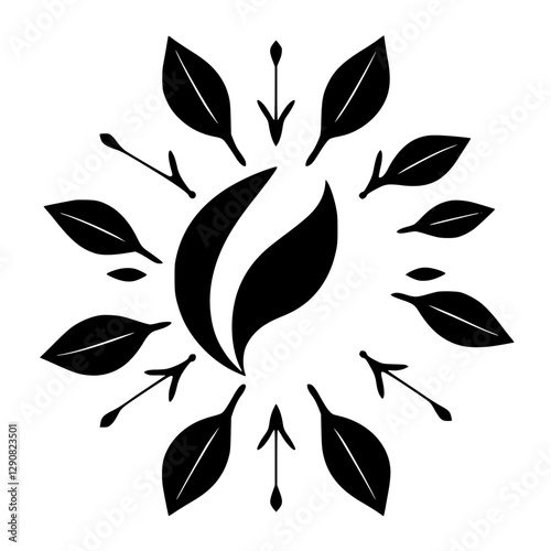 Black Leaf Arrangement: A black and white illustration showing a sun-like arrangement of leaves with a central, crescent-shaped design and a simplified background.