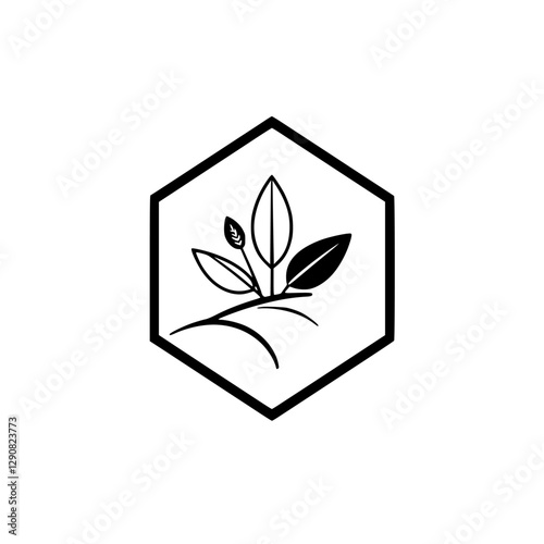 A stylized minimalist illustration of a plant within a hexagon, conveying nature's growth.