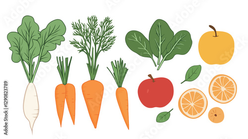 A digital illustration depicting a collection of various fruits and vegetables on a white background. The illustration features several carrots, a radish, bunches of spinach and parsley, a red