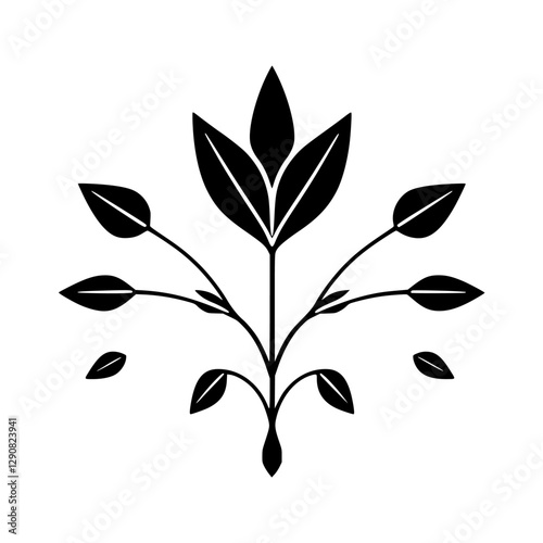 Black and white silhouette illustration of a plant with symmetrical leaves, depicting growth and vitality on a white background.