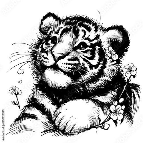 Baby tiger line art drawing ink sketch vector hand drawn illustration background