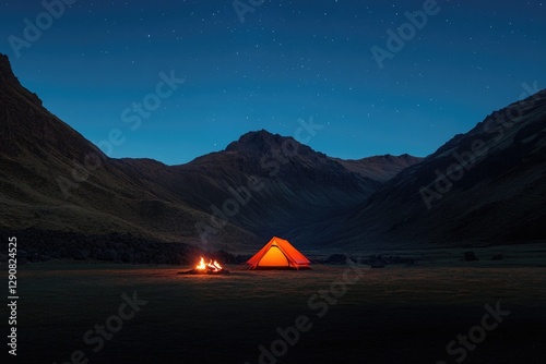 Serene camping scene under night sky, glowing tent beside warm c