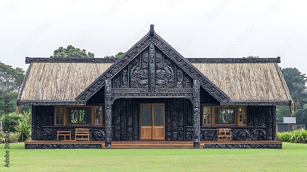 Fototapeta premium Intricate Maori House with Carved Facade and Thatched Roof.