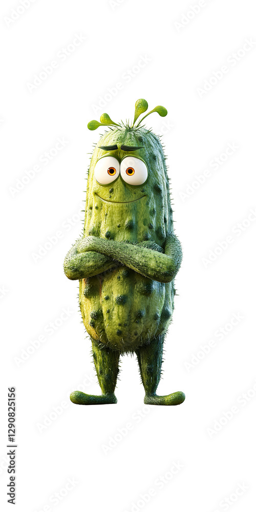 Fototapeta premium Smiling Cartoon Cucumber Character with Arms Crossed