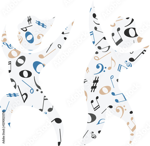 Vector Dancing Silhouettes with Musical Notes and Symbols – Abstract Music Party Illustration