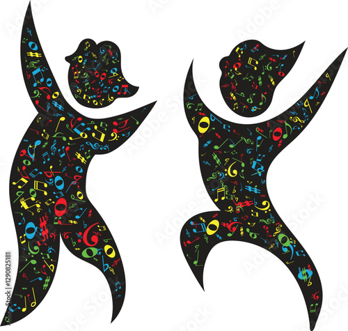 Vector Dancing Silhouettes with Musical Notes and Symbols – Abstract Music Party Illustration
