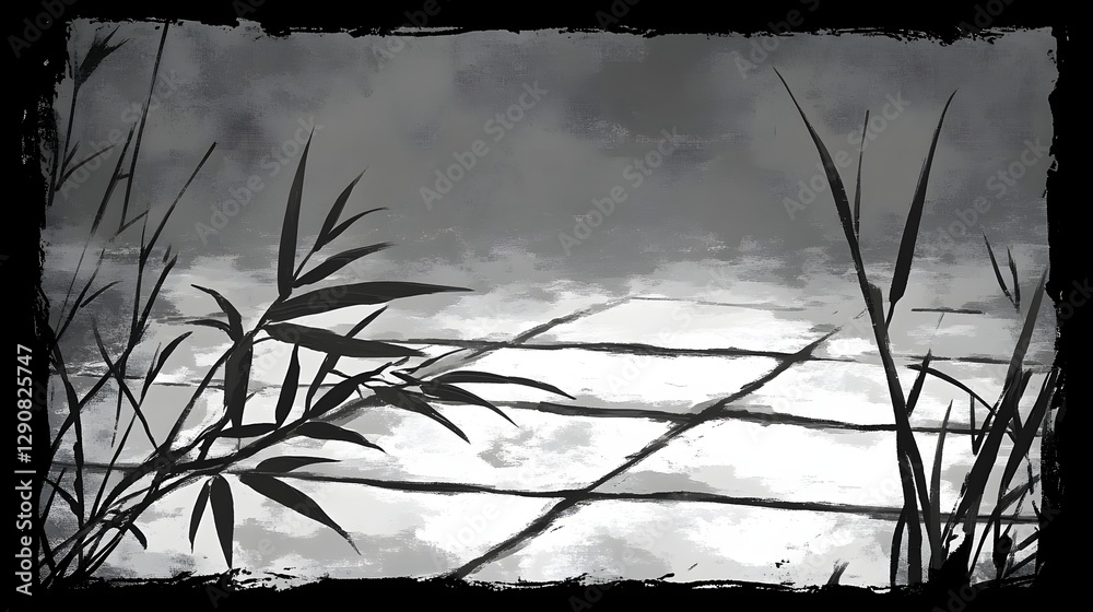 Fototapeta premium Silhouetted Bamboo Against A Serene Water Surface Under Dramatic Clouds In Monochrome