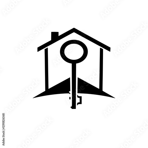 House Key Logo. Minimalist design featuring a house shape with a key in the center.