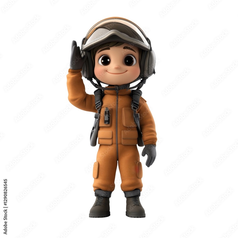 Animated child pilot in orange jumpsuit with helmet and goggles saluting with smile Animated child pilot in orange jumpsuit with helmet and goggles saluting with smile