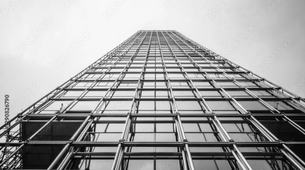 Fototapeta premium Steel framework of a skyscraper under construction against a clear sky