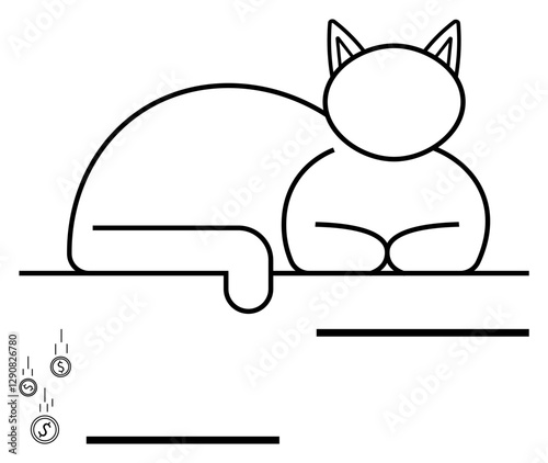 Cat resting calmly on a flat surface with a sleek outline. Dropping coins suggest themes of wealth, stability, and leisure. Ideal for pet care, finance, minimalism, relaxation, luxury success