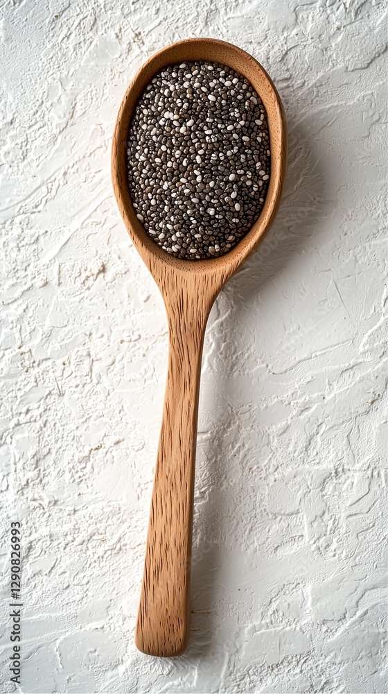 Chia seeds in wooden spoon kitchen food photography minimalist setting close-up healthy eating concept Chia seeds in wooden spoon kitchen food photography minimalist setting close-up healthy eating concept