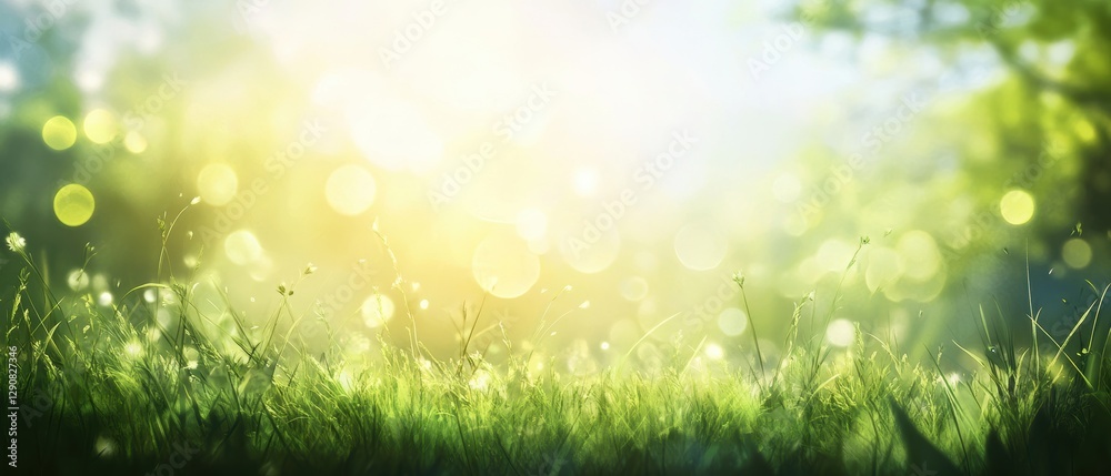 Obraz premium Sunlight shining through trees, glowing bokeh effect on green grass, peaceful nature background, soft focus landscape, serene outdoor environment.