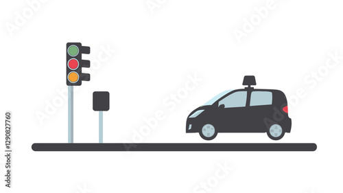 The image is a simple, vector-style illustration depicting a black autonomous vehicle approaching a traffic light. The vehicle is shown from a three-quarter perspective, with a visible sensor on