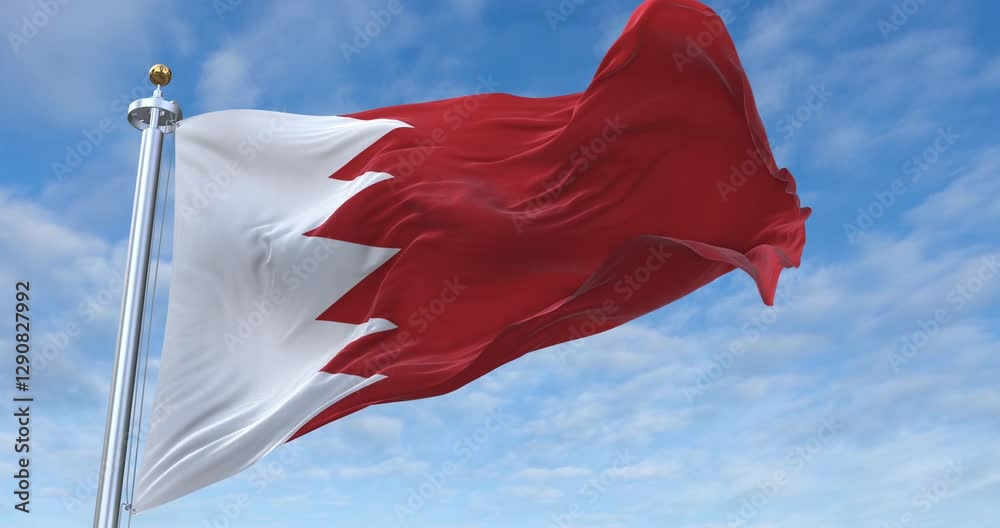 Bahrain flag with flagpole waving in wind, rolling clouds background looping, 4K video (Perfect Loop)