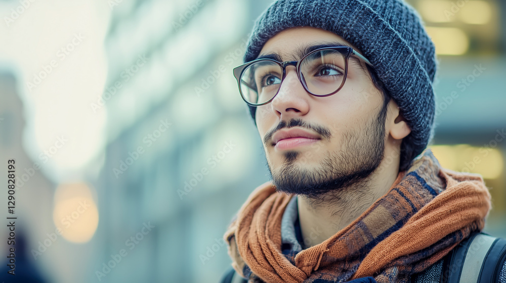 Fototapeta premium Young adult wearing a knitted hat and glasses, looking thoughtfully into the distance in an urban setting, contemplative mood. 