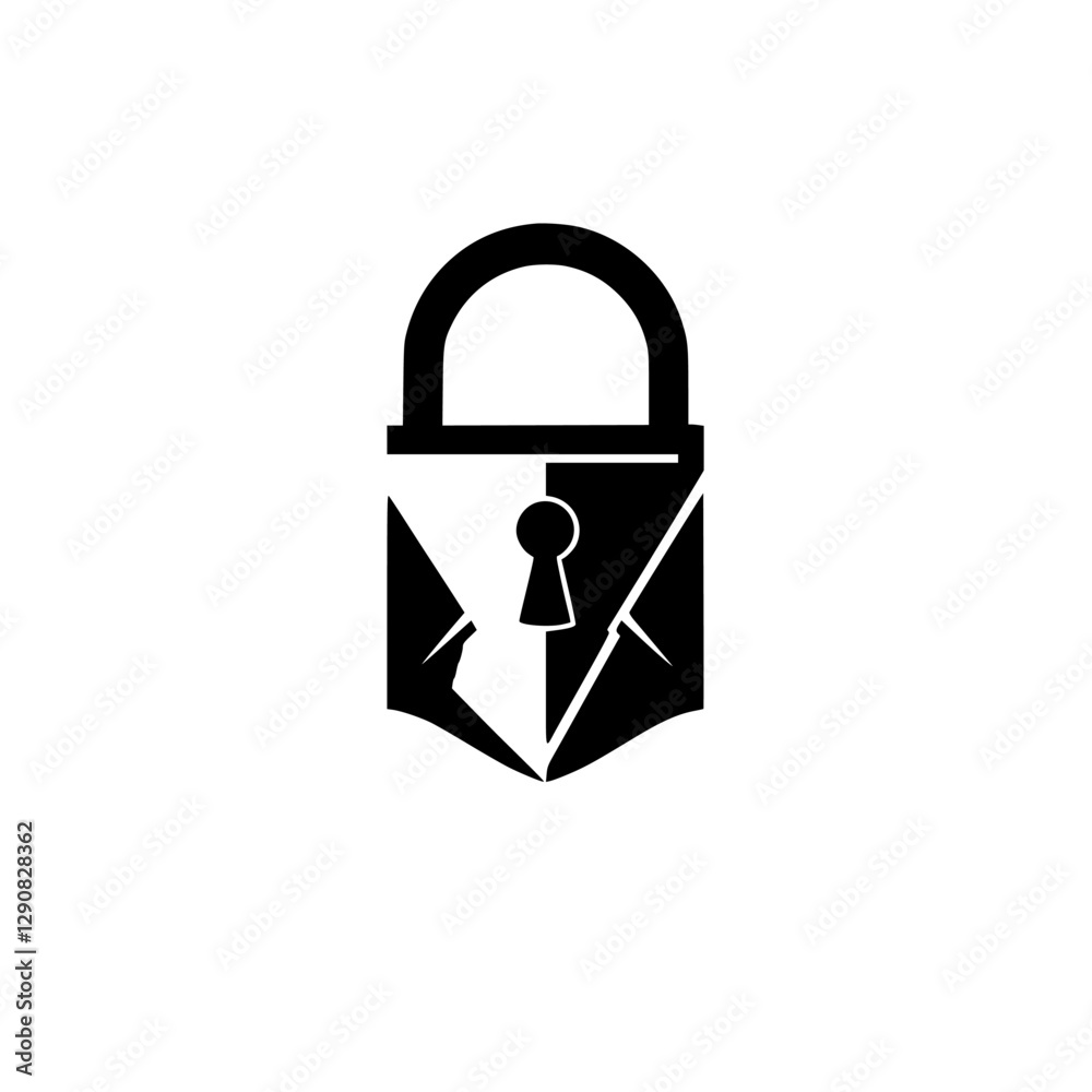 Stylized Black and White Icon showing a Lock and a Shield shape. Stylized Black and White Icon showing a Lock and a Shield shape.