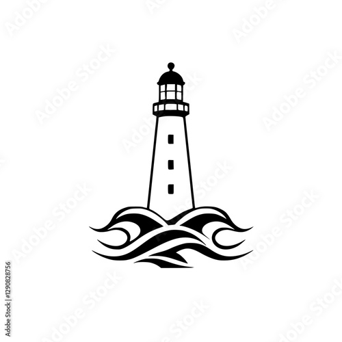 Minimalist black and white illustration of a lighthouse standing on top of waves.