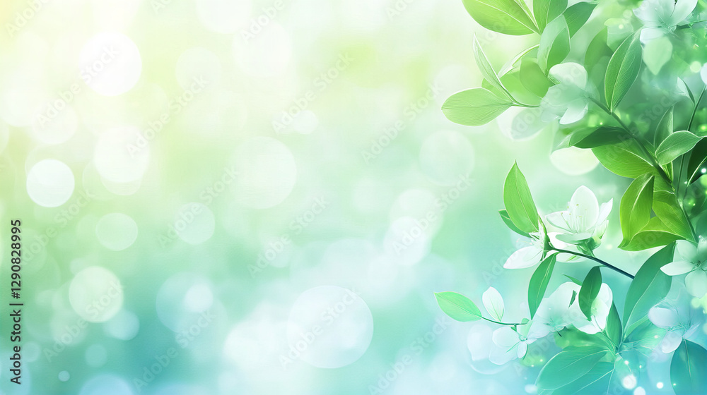 Elegant spring background with delicate white flowers, green foliage, and soft golden bokeh, evoking a fresh and romantic atmosphere for seasonal designs, weddings, beauty themes, and nature-inspired Elegant spring background with delicate white flowers, green foliage, and soft golden bokeh, evoking a fresh and romantic atmosphere for seasonal designs, weddings, beauty themes, and nature-inspired