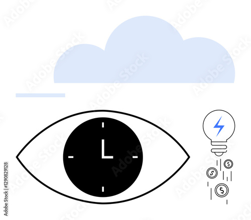 Eye with clock indicating focus on time, light bulb signifying ideas, coins for financial growth, cloud symbolizing data storage. Ideal for time management, creativity, energy, finance, innovation