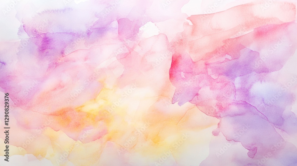 Soft watercolor background in pastel shades, abstract art, blend of pink, purple, and yellow hues, creative design for invitations and branding projects.