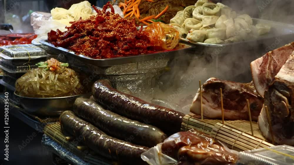 There are a variety of foods in Gwangjang Market in Korea.한국의 광장시장에는 다양한 먹거리가 있습니다.