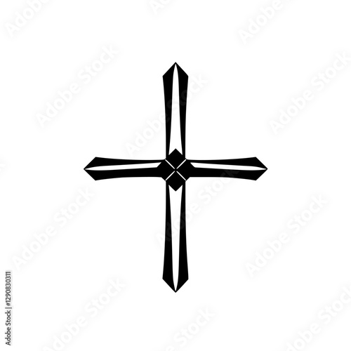 Black cross with sharp pointed edges against a white backdrop.
