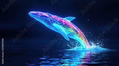 glowing, dark night, fantasy, 3d rendering, transparent whale jumping out
of lake. skin is transoarent. whale color is rainbow color photo