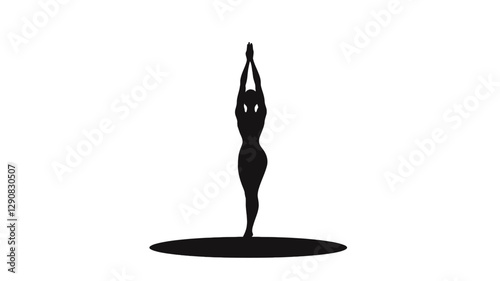 The image is a minimalist black and white silhouette of a woman standing in an upright yoga pose.  Her arms are raised above her head. The figure is depicted from the knees up, standing on a small,