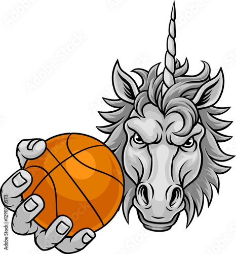 Unicorn horse stallion basketball angry sports team mascot holding a ball.
