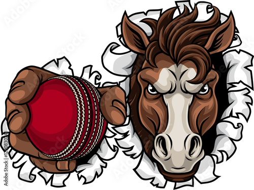 Horse mustang bronco stallion cricket angry sports team mascot holding a ball.