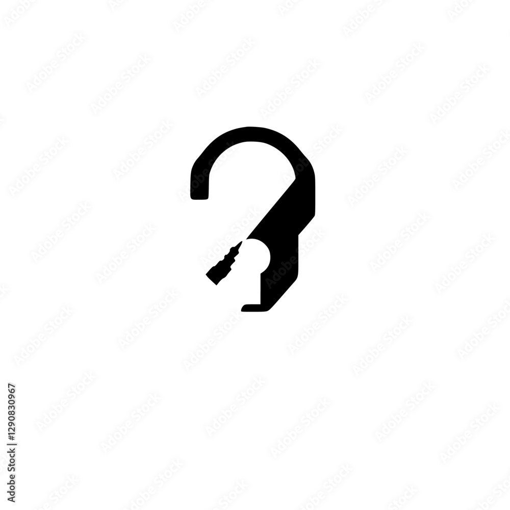 Minimalist black and white multi-tool illustration, with an abstract ear-like outline and a screwdriver. Minimalist black and white multi-tool illustration, with an abstract ear-like outline and a screwdriver.