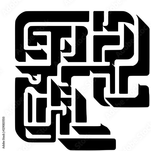 Geometric black-and-white composition of interconnected pathways, forming an abstract puzzle or maze with 3D elements and soft shadows on a white background.