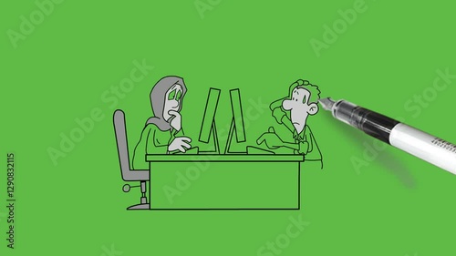 draw group of three person men and woman sit on adjustable office chair work on their separate computers in different posture with black outline on abstract green screen background  
