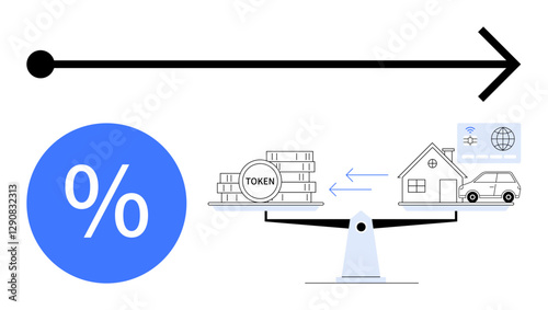 Interest rate percentage symbol beside tokens balanced against property and vehicle via seesaw. Ideal for finance, investment, economy, real estate, digital currency, wealth management, market