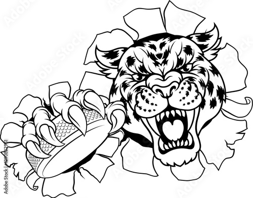 A jaguar, panther, leopard or cheetah wildcat spotted cat hockey sports team mascot holding an ice hockey puck