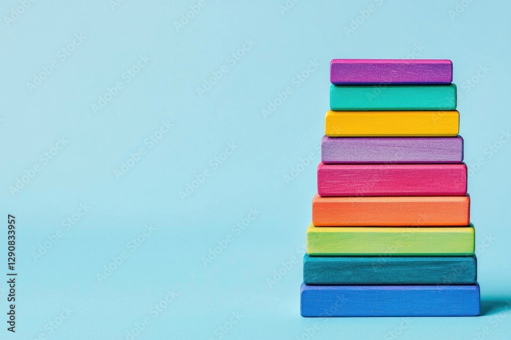 Colorful stacked blocks on a blue background, symbolizing creativity, learning, and fun, ideal for concepts like childhood education and playful activities Colorful stacked blocks on a blue background, symbolizing creativity, learning, and fun, ideal for concepts like childhood education and playful activities