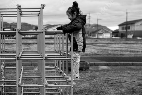 Little girl playing on the jungle gym