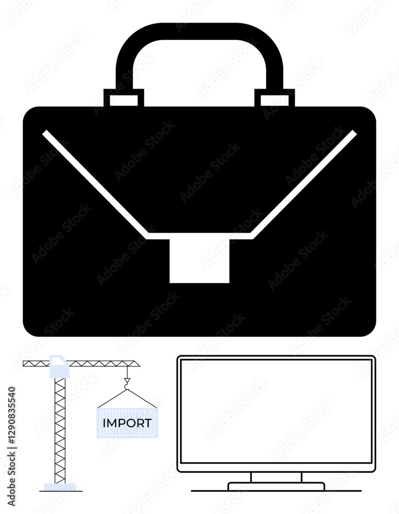 Business briefcase, construction crane lifting import box, and computer monitor. Ideal for business, construction, import-export, logistics, technology corporate presentations administration. Line Business briefcase, construction crane lifting import box, and computer monitor. Ideal for business, construction, import-export, logistics, technology corporate presentations administration. Line