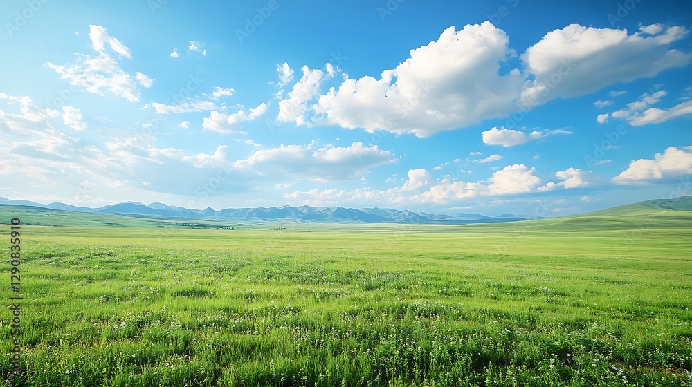 Vast green field under a bright blue sky with fluffy clouds. Vast green field under a bright blue sky with fluffy clouds.
