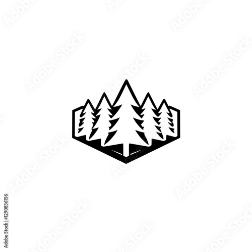 Abstract minimalist logo of evergreen trees in a hexagon frame, conveying nature, wilderness, and mountain themes.
