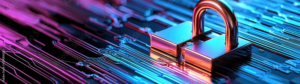 Online Fraud Prevention, Digital Cybersecurity Lock on Colorful Circuit Board Background in Modern Art Style Online Fraud Prevention, Digital Cybersecurity Lock on Colorful Circuit Board Background in Modern Art Style