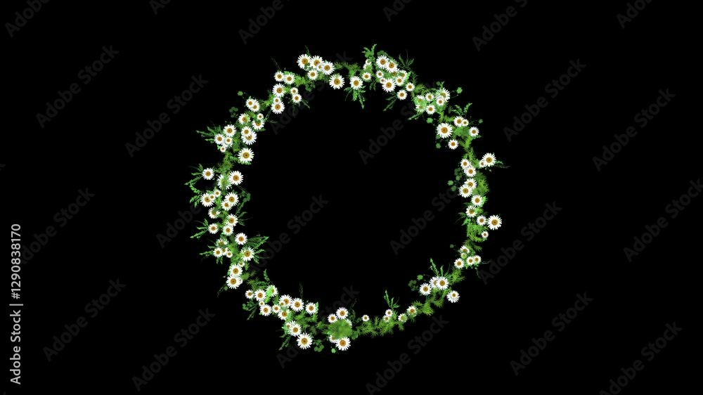 Flower crown, blooming daises floral wreath circular border animation isolated on black background with alpha matte.