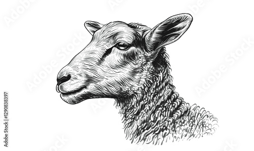 Wallpaper Mural Sheep, lamb. Vintage retro print, black white sheep lamb sketch ink pencil style drawing, engrave old school. Sketch artwork silhouette farm sheep lamb. Side view profile. Illustration Torontodigital.ca