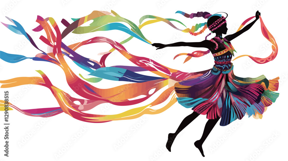 Obraz premium The image is a vector illustration featuring a stylized silhouette of a woman in a flowing dress. The dress and ribbons trailing behind her are rendered in a spectrum of vibrant colors, creating a