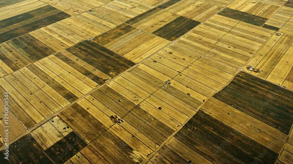 Aerial view of geometrically divided farmland in various shades