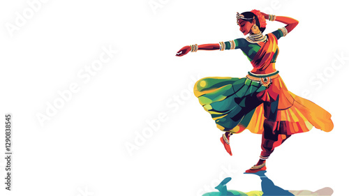 The image is a stylized illustration of a female dancer.  The figure is depicted in a dynamic pose, suggesting movement and energy. The color palette is vibrant and uses a variety of saturated
