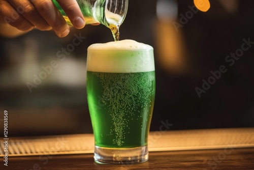 Refreshing green beverage poured into glass, showcasing rich foa photo